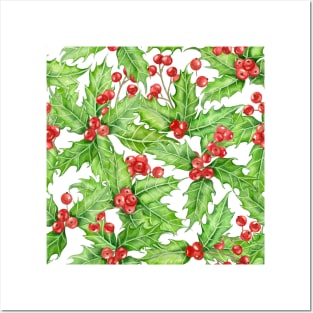 Holly berry watercolor Christmas pattern Posters and Art